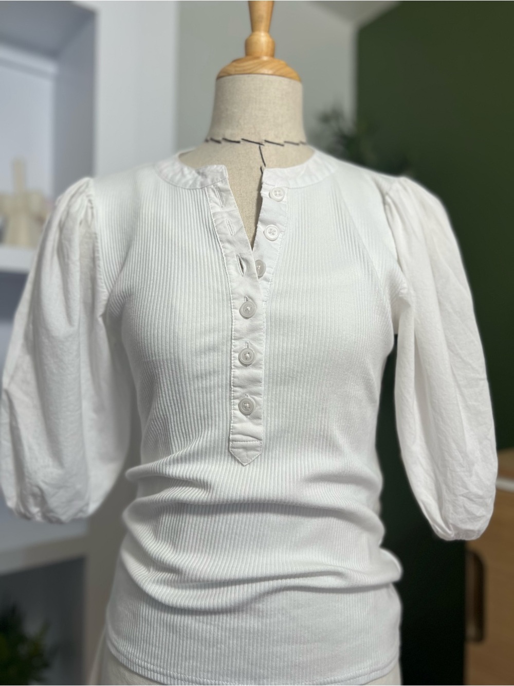 J.Crew White Ribbed Puff Sleeve Henley Top S
